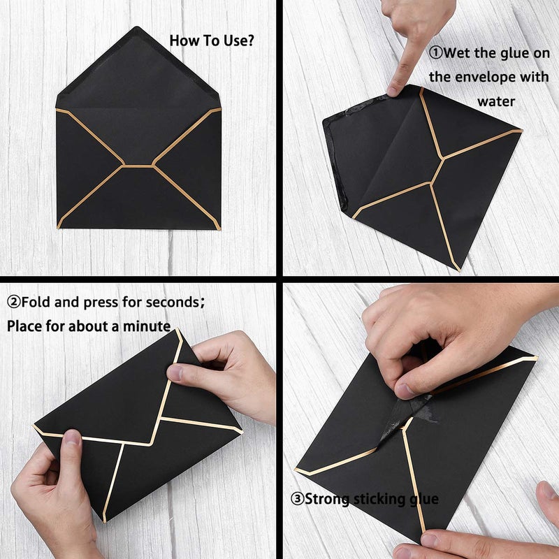 Homtable 50 Pack Black A7 Envelopes 5 x 7 Self-Adhesive V Flap Envelopes with Gold Border for Office, Greeting Card, Wedding, Graduation, Baby Shower, Parties, Invitations (Black, 5x7) - Image 3